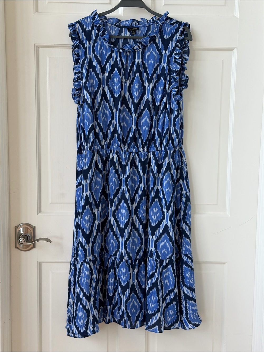Talbots 16P Blue Patterned Ruffle-Sleeve Midi Dress